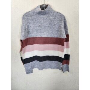 Beachlunchlounge Womens Small Sweater Gray Pink Colorblock Striped Mock Neck
